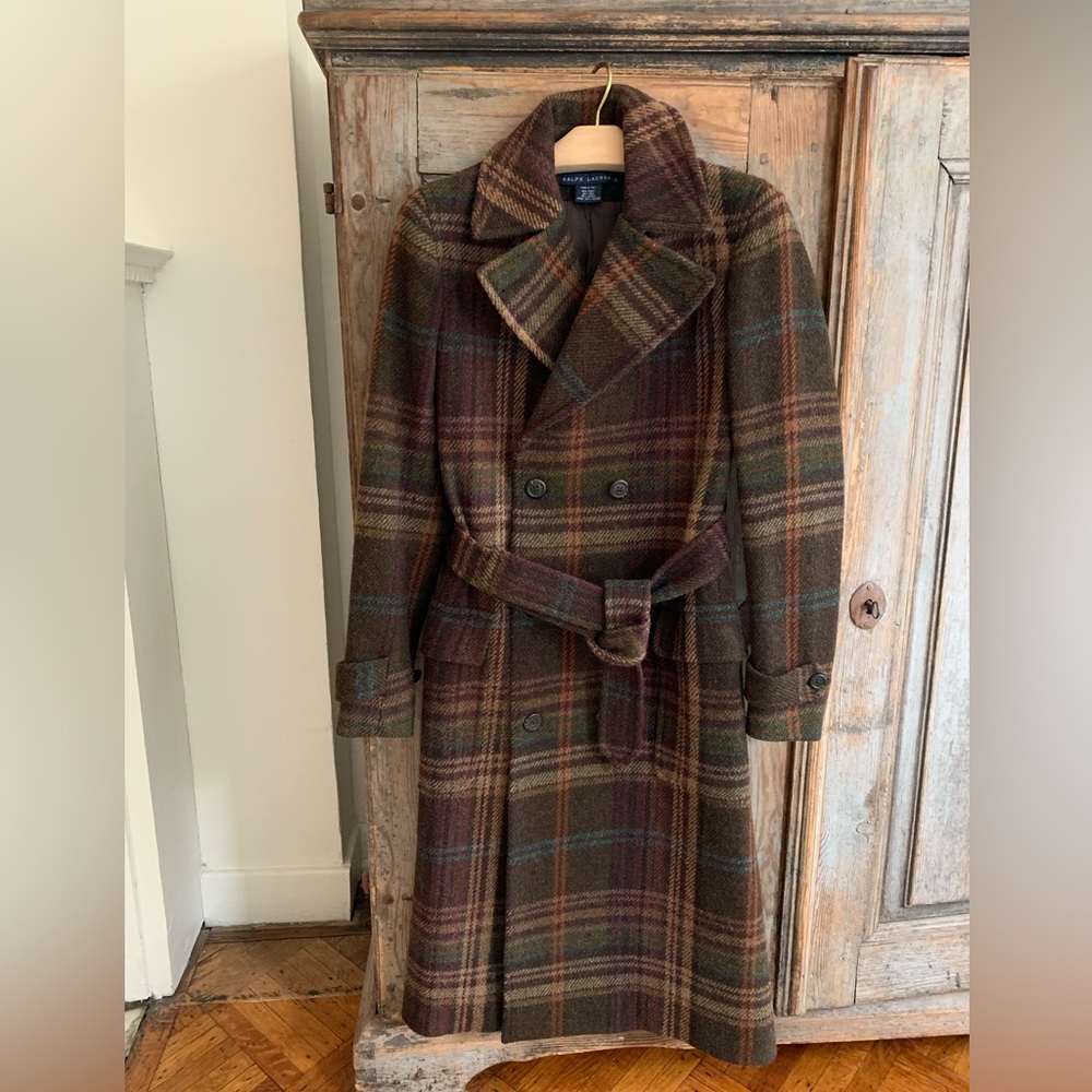 Ralph Lauren Dark Brown Plaid Double Breasted Coat - Picture 1 of 13